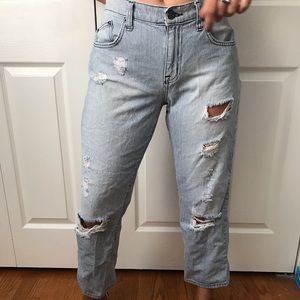 Striped distressed carmar kick flair jeans